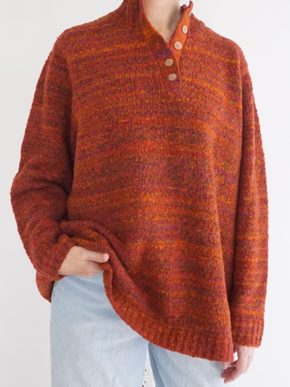 Vintage Appleseeds Orange Marled Mock Neck Button Knit Sweater Grandmacore XL